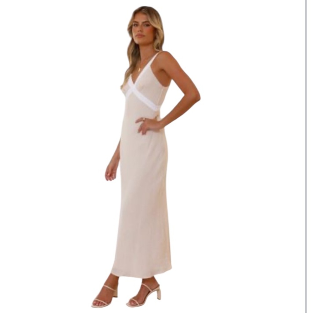 Monteau Maxi Coastal Cross Strap Bias Cut Column Dress in Beige & White Contrast